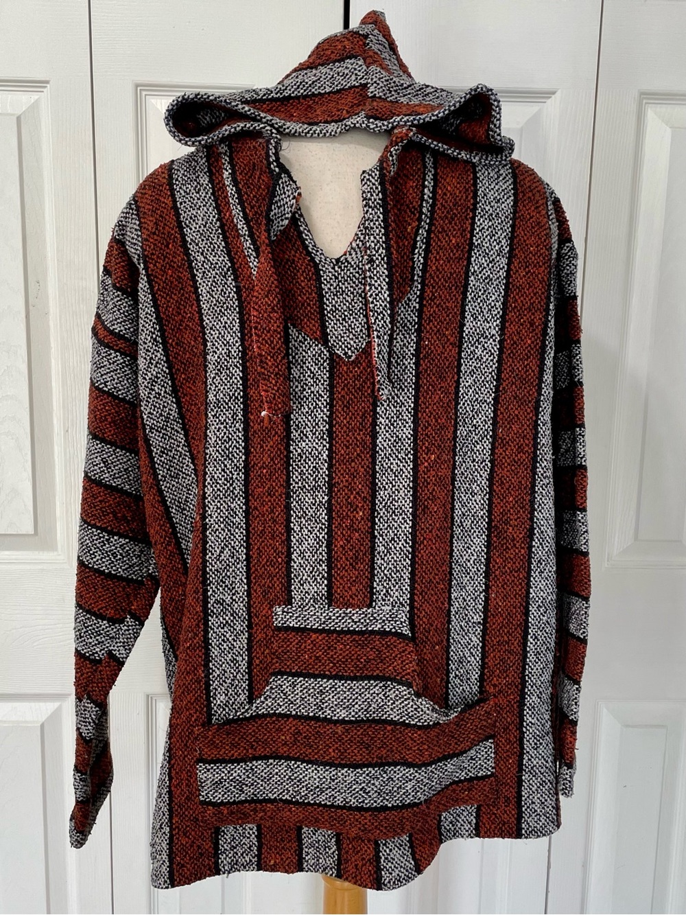 Authentic Mexican Hooded Baja poncho Sweater in Rust and Black
